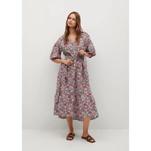 MNG By Mango Linda Dress Midi‎ Pink Floral Puff Sleeve Belted Size 2